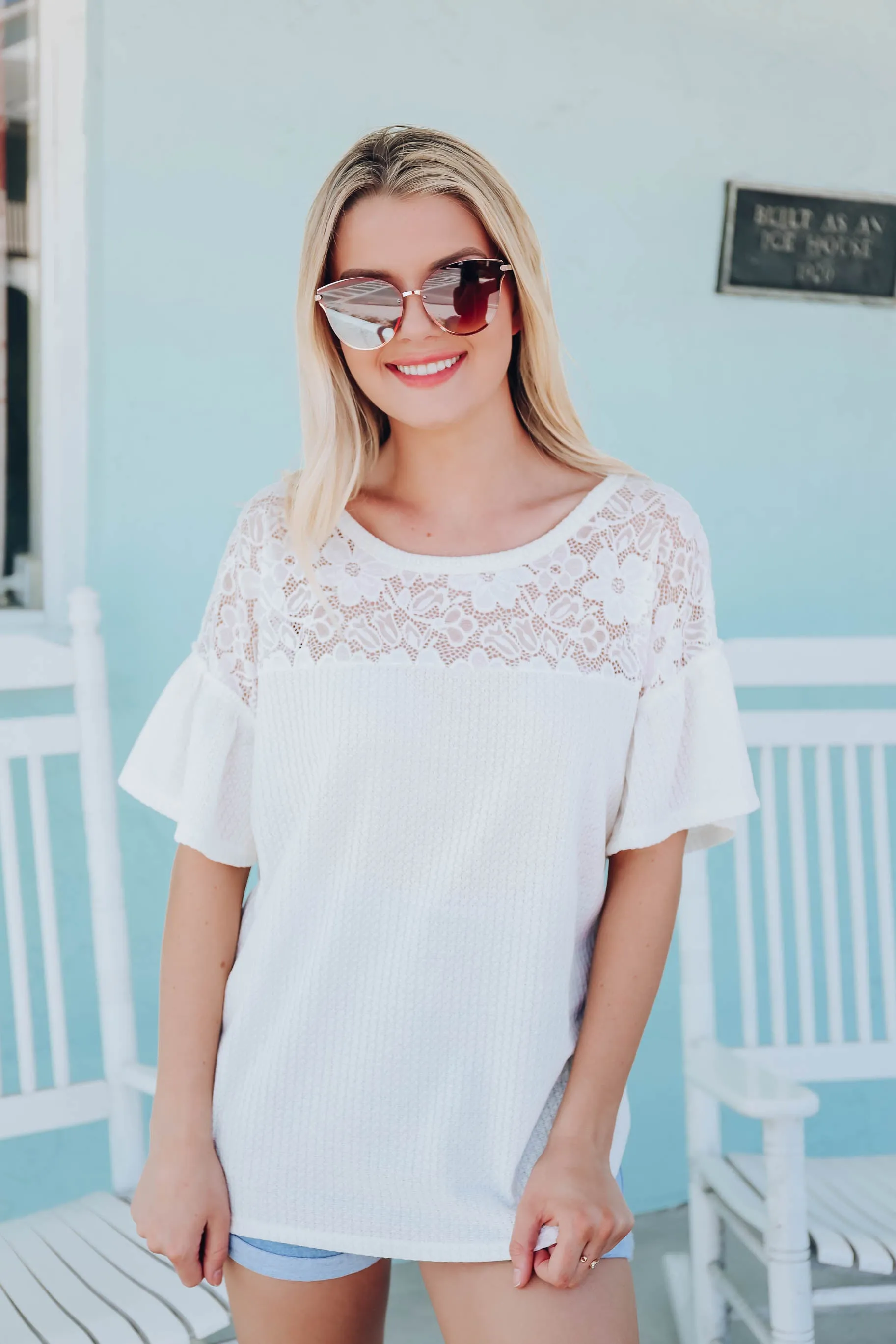 Kayla Lace and Waffle Top - Ivory - FS