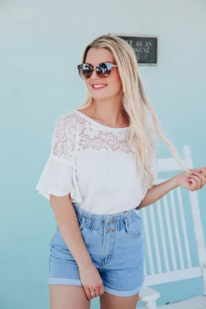 Kayla Lace and Waffle Top - Ivory - FS