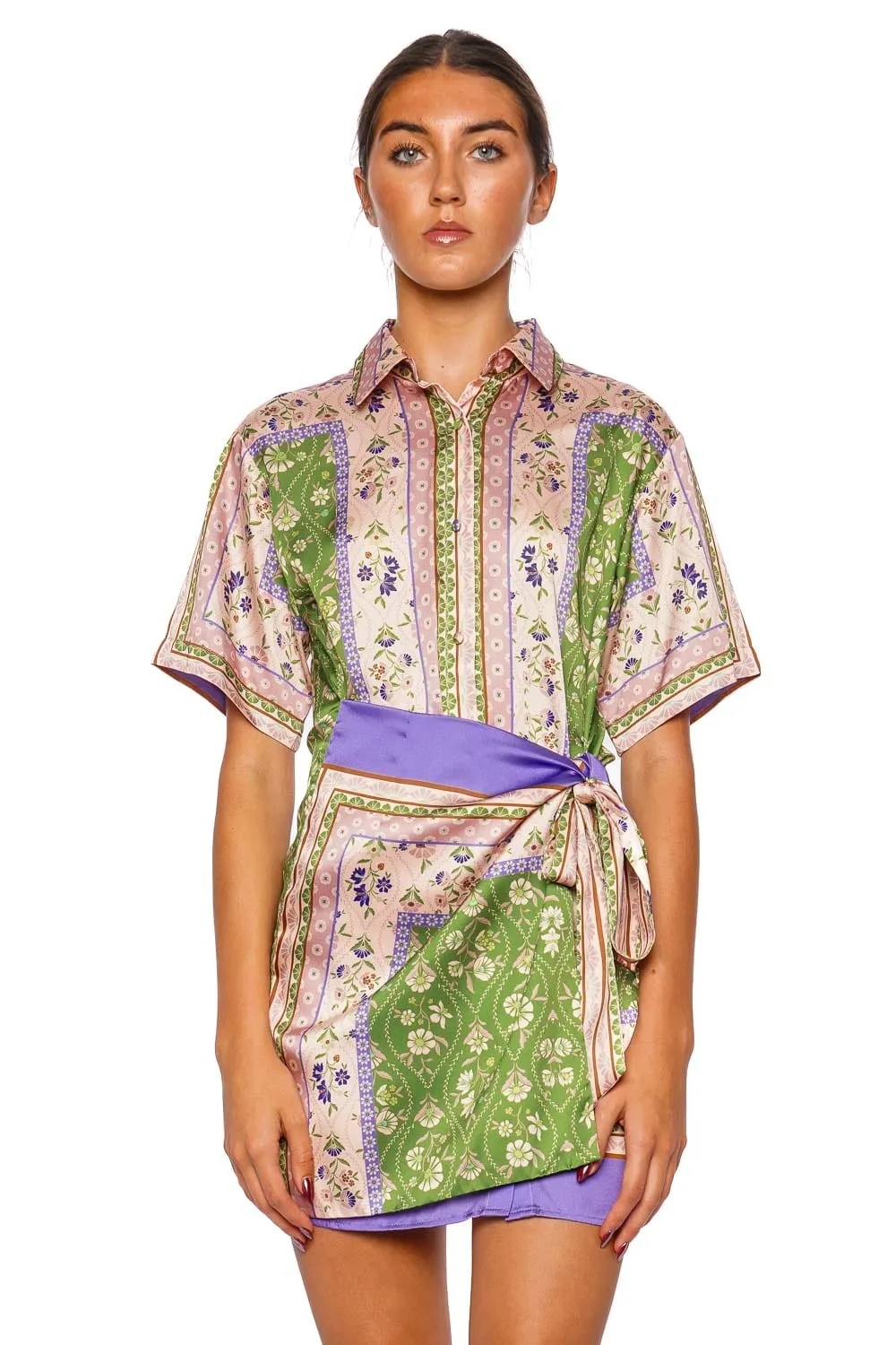 Kezie Wrap Satin Mini Shirt Dress