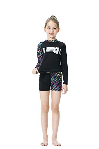 KID1234 Swimsuits for Girls - Long Sleeve Girls Swimsuits, Two Piece Swimsuits for Girls 5-12 Years (14) Black