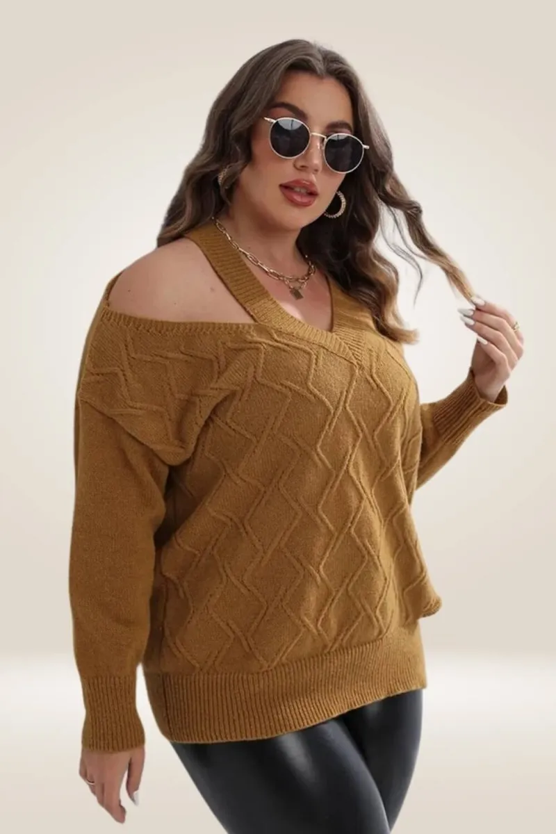 Knitted Off The Shoulder Camel Plus Size Sweater
