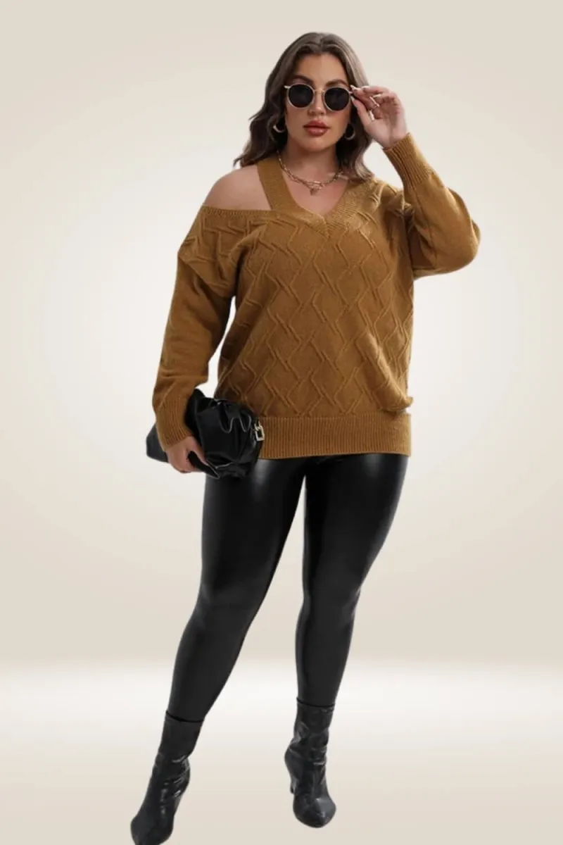 Knitted Off The Shoulder Camel Plus Size Sweater