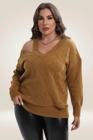Knitted Off The Shoulder Camel Plus Size Sweater