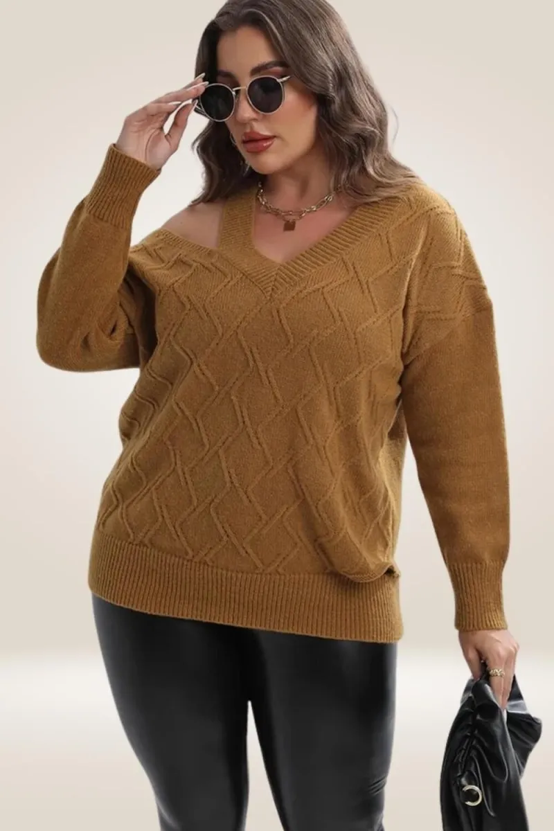 Knitted Off The Shoulder Camel Plus Size Sweater