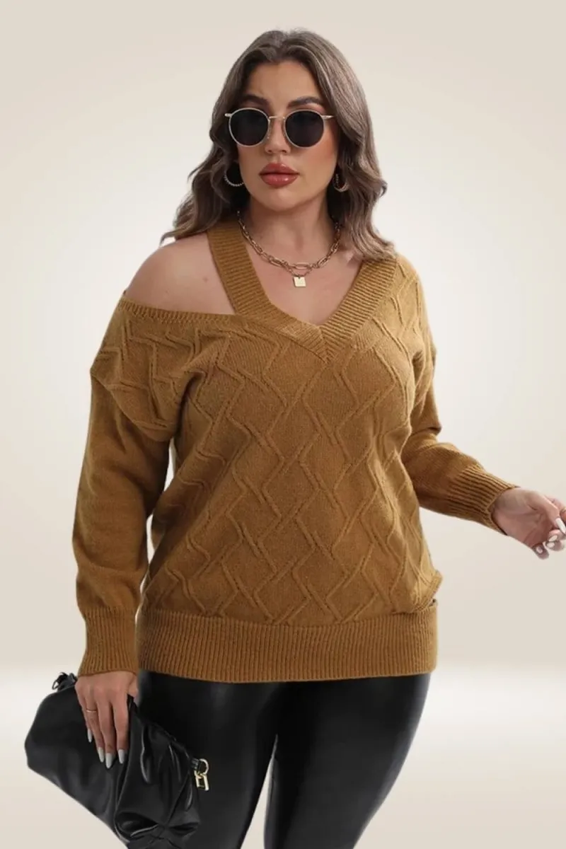 Knitted Off The Shoulder Camel Plus Size Sweater
