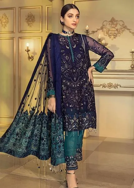 Latest Chiffon embroidered Pakistani eid outfit 2020 in blue color # P2480