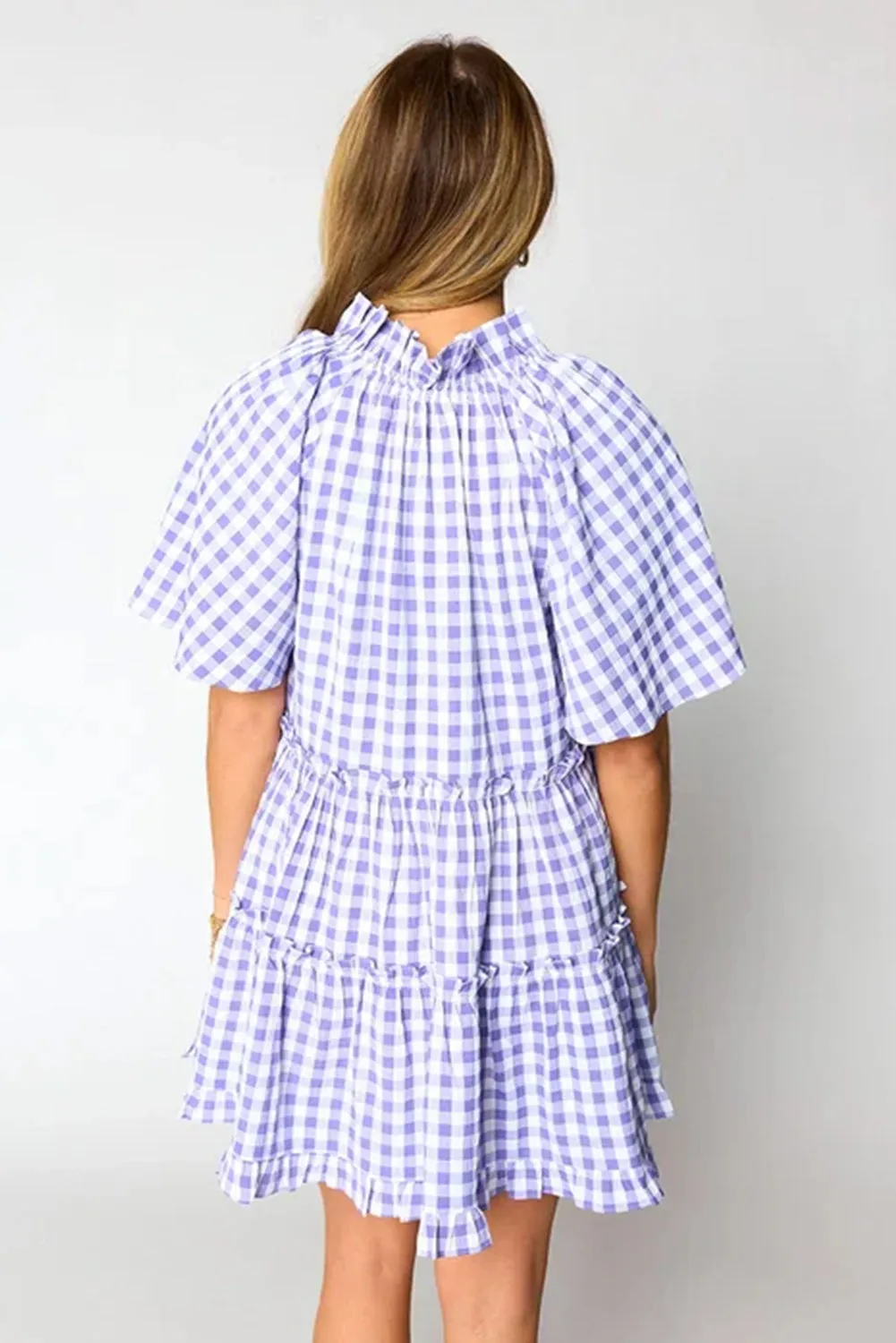 Lavendula Plaid Ruffle Wide Short Sleeve Babydoll Mini Dress