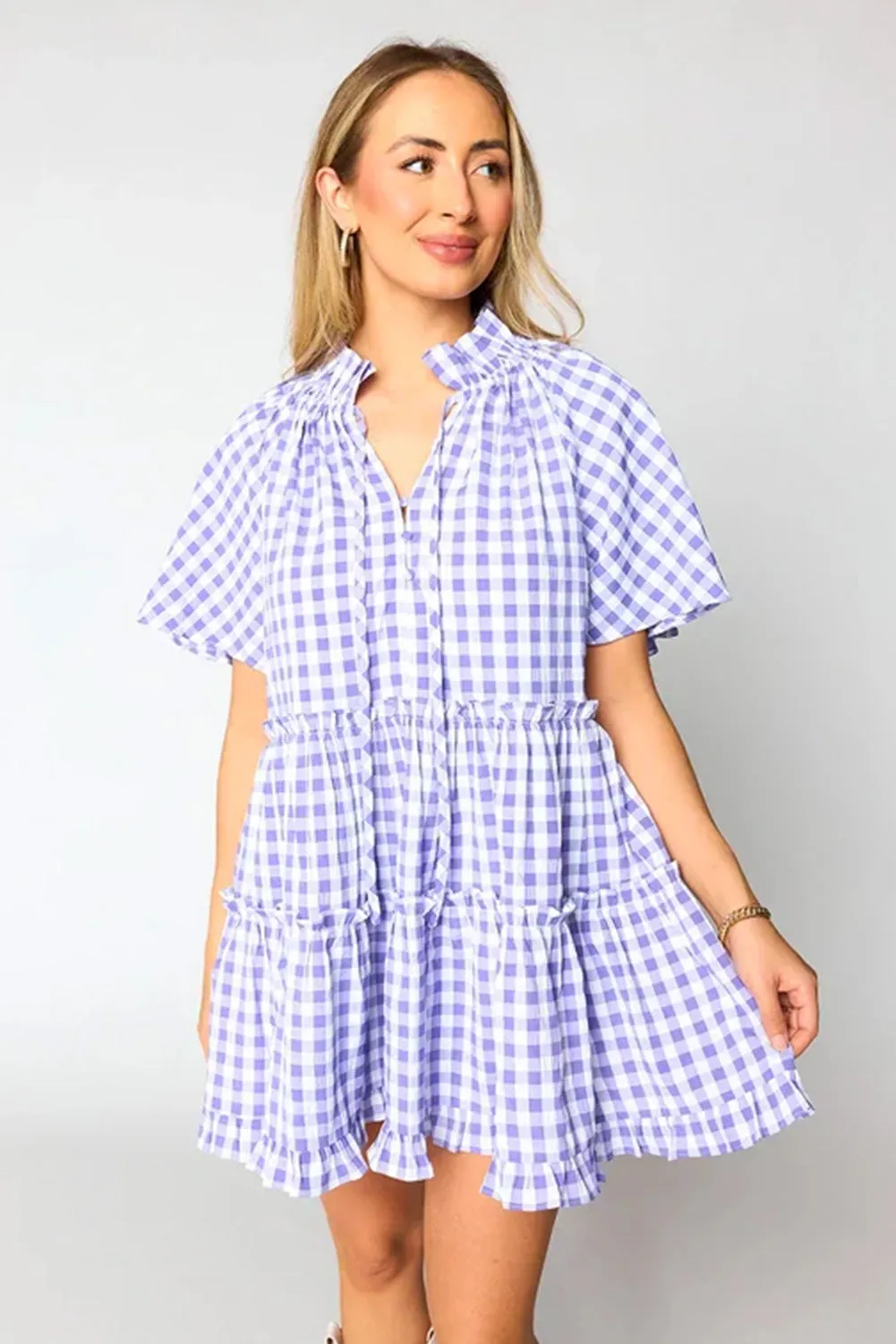 Lavendula Plaid Ruffle Wide Short Sleeve Babydoll Mini Dress