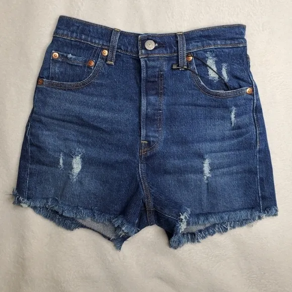 Levi's Revolve Blue Dark Wash High Rise Distressed Ribcage Denim Cut Off Shorts