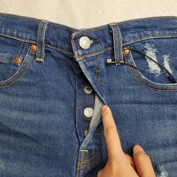 Levi's Revolve Blue Dark Wash High Rise Distressed Ribcage Denim Cut Off Shorts