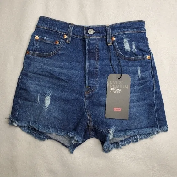 Levi's Revolve Blue Dark Wash High Rise Distressed Ribcage Denim Cut Off Shorts