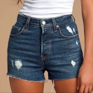 Levi's Revolve Blue Dark Wash High Rise Distressed Ribcage Denim Cut Off Shorts