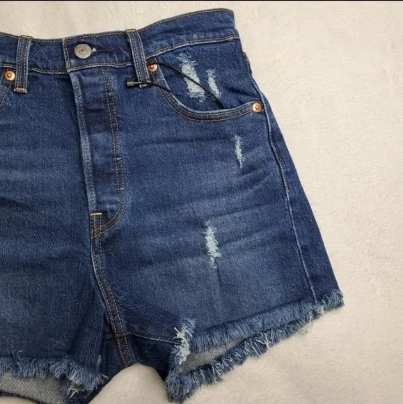 Levi's Revolve Blue Dark Wash High Rise Distressed Ribcage Denim Cut Off Shorts