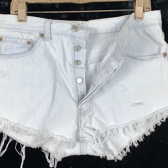 Levis Sz 34 Jean Shorts Distressed Cut Offs Button Fly High Rise Pale Blue Denim