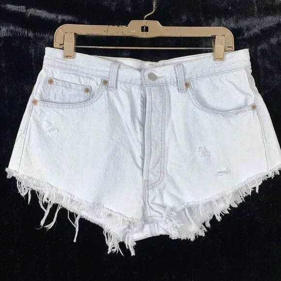 Levis Sz 34 Jean Shorts Distressed Cut Offs Button Fly High Rise Pale Blue Denim