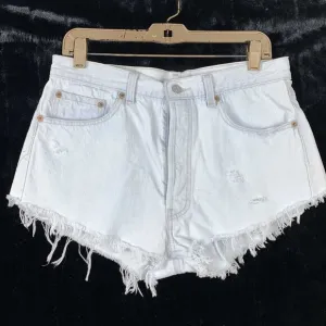 Levis Sz 34 Jean Shorts Distressed Cut Offs Button Fly High Rise Pale Blue Denim