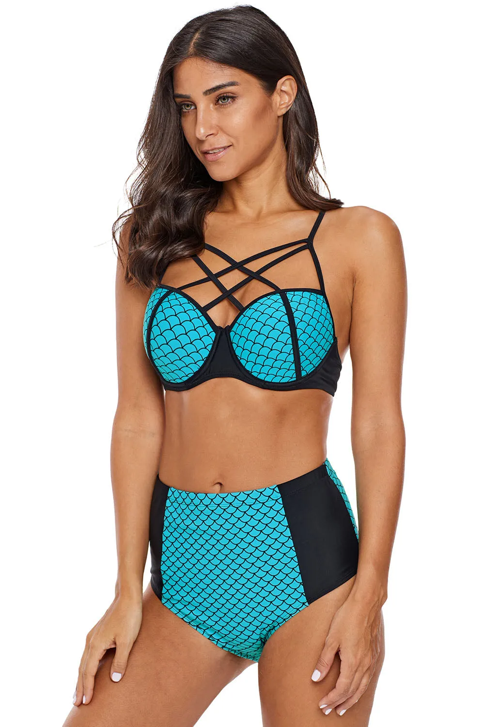 Light Blue Fish Scale Print High Waist Bikini Swimsuit