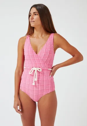 Lisa Marie Fernandez yasmin fuchsia striped seersucker drawstring maillot