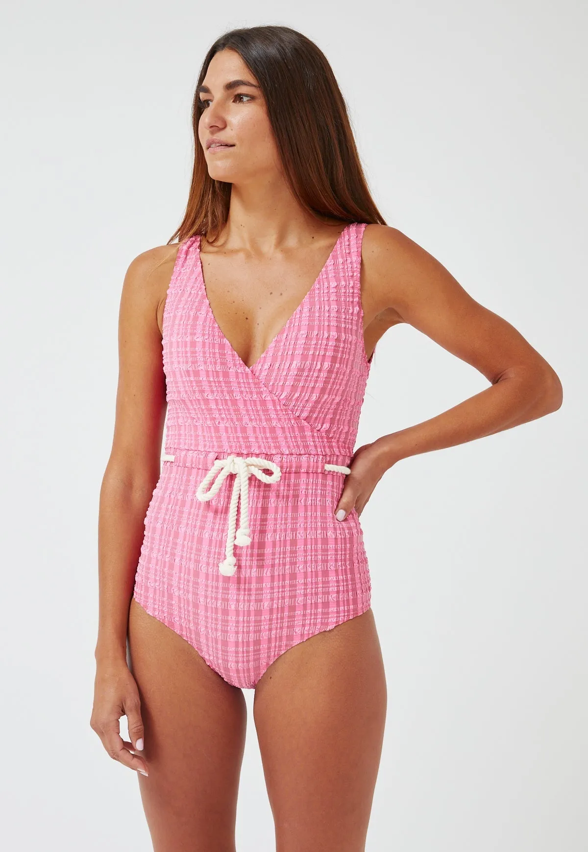 Lisa Marie Fernandez yasmin fuchsia striped seersucker drawstring maillot