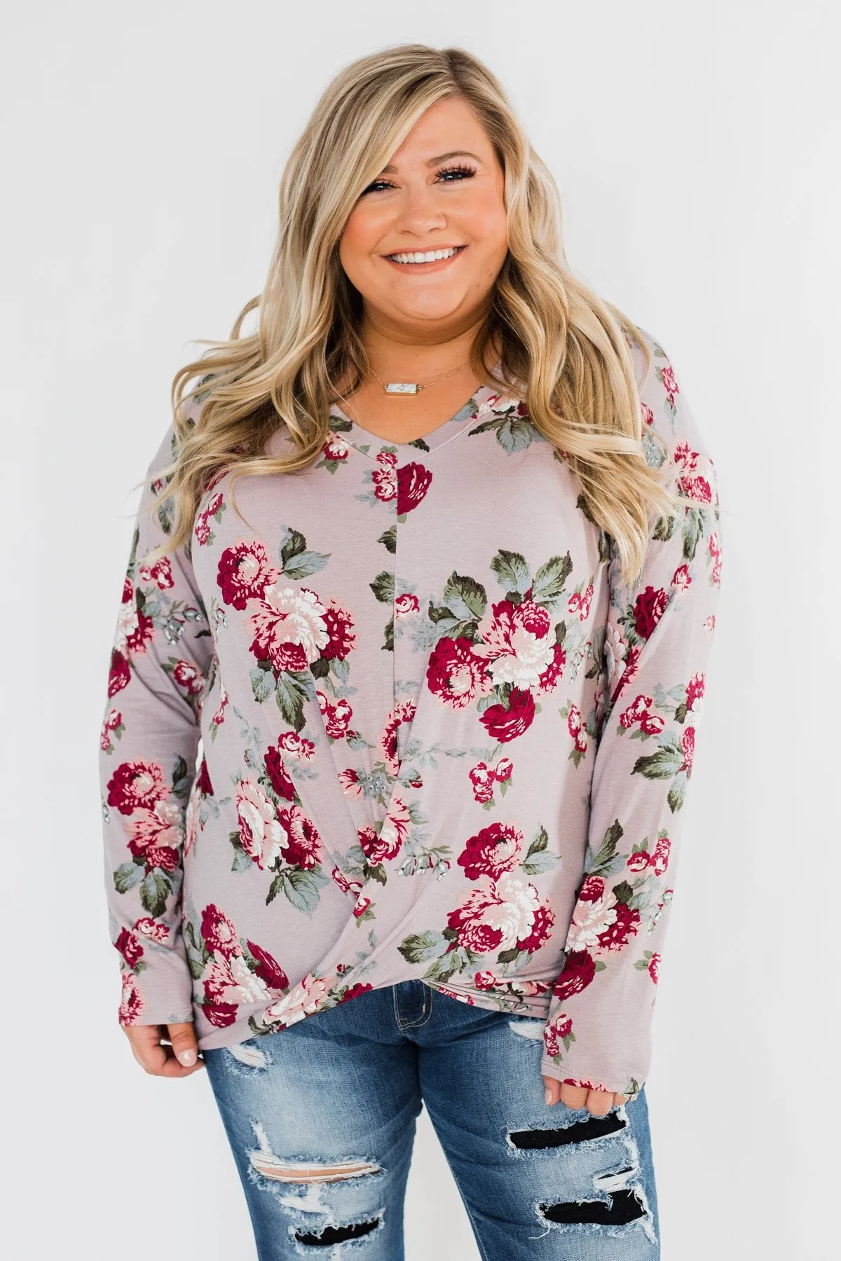 Long Sleeve Floral Wrap Top- Mauve
