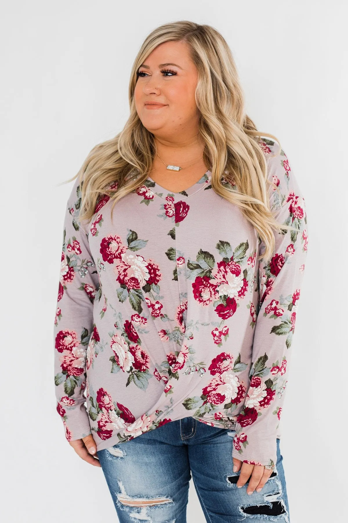 Long Sleeve Floral Wrap Top- Mauve