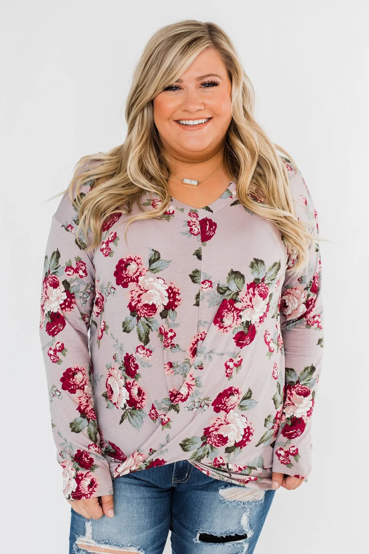 Long Sleeve Floral Wrap Top- Mauve