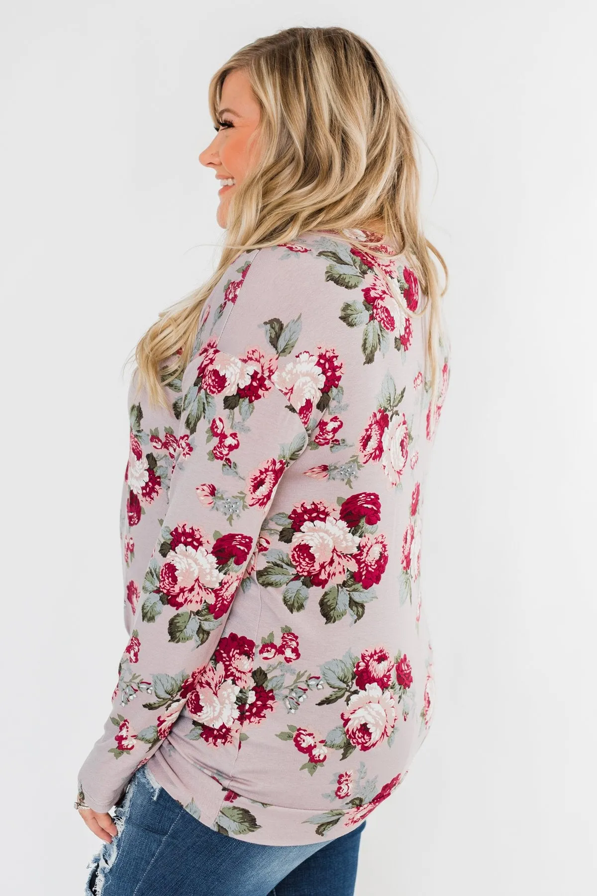Long Sleeve Floral Wrap Top- Mauve