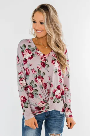 Long Sleeve Floral Wrap Top- Mauve