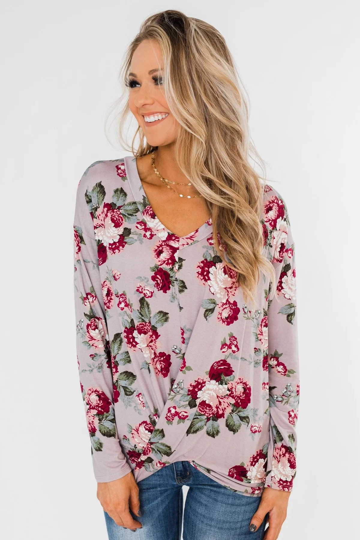 Long Sleeve Floral Wrap Top- Mauve