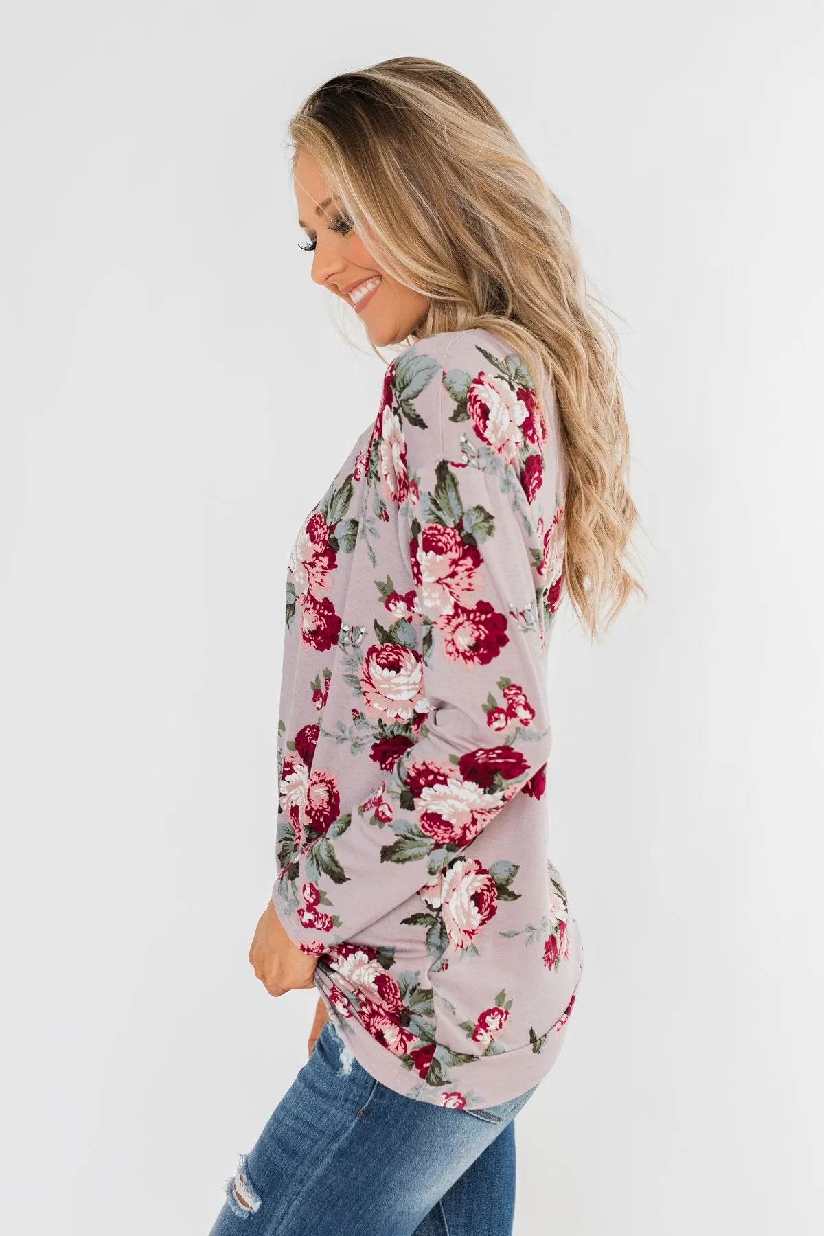 Long Sleeve Floral Wrap Top- Mauve