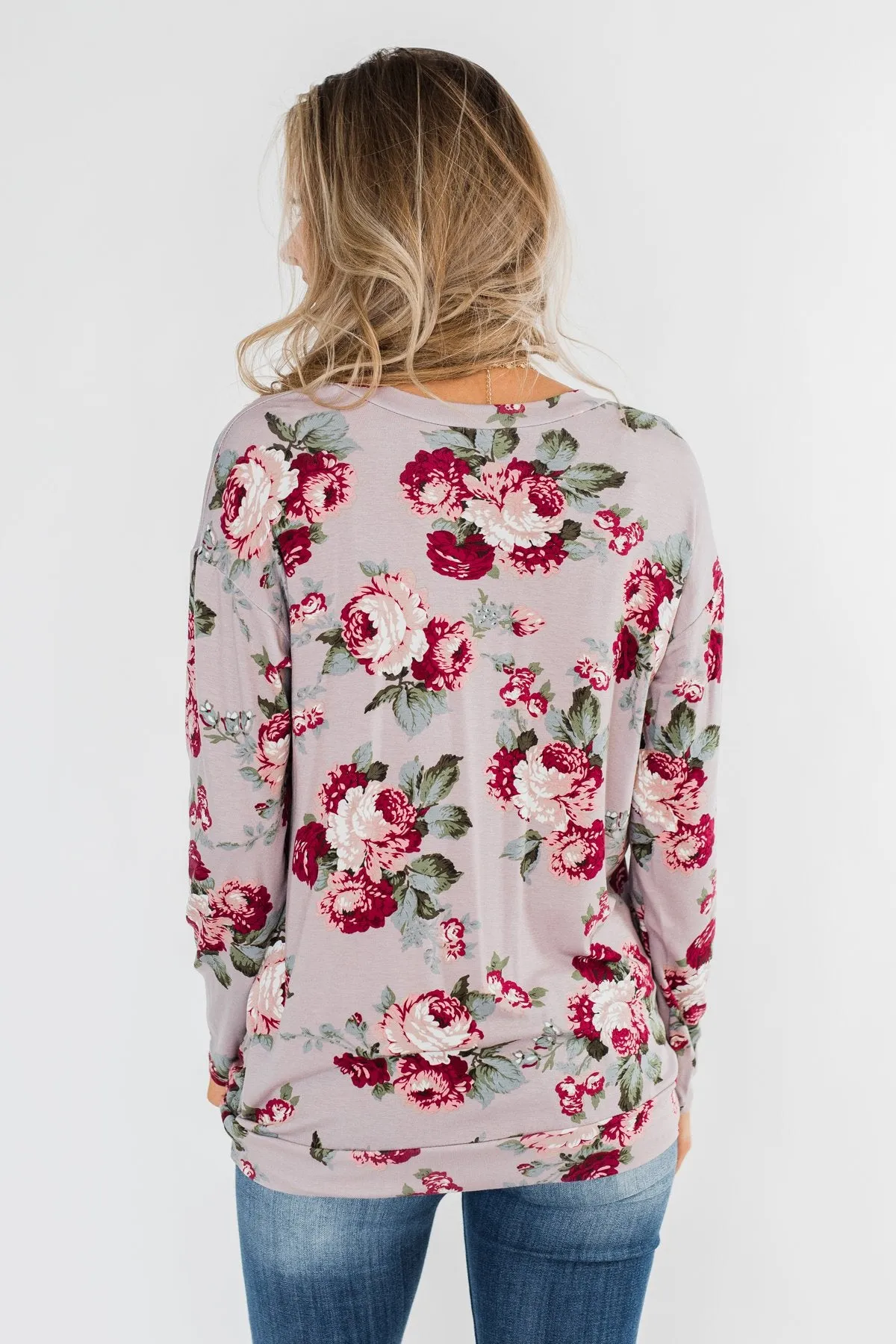 Long Sleeve Floral Wrap Top- Mauve