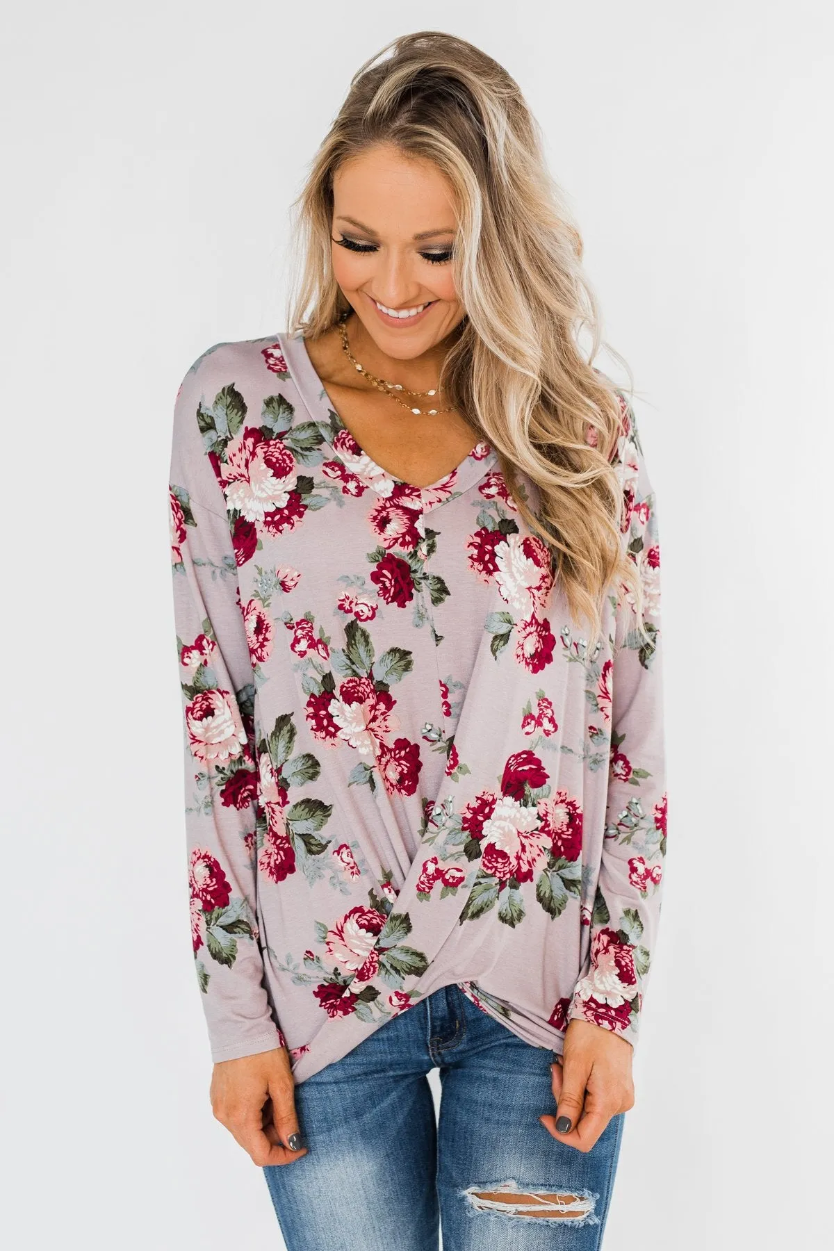 Long Sleeve Floral Wrap Top- Mauve