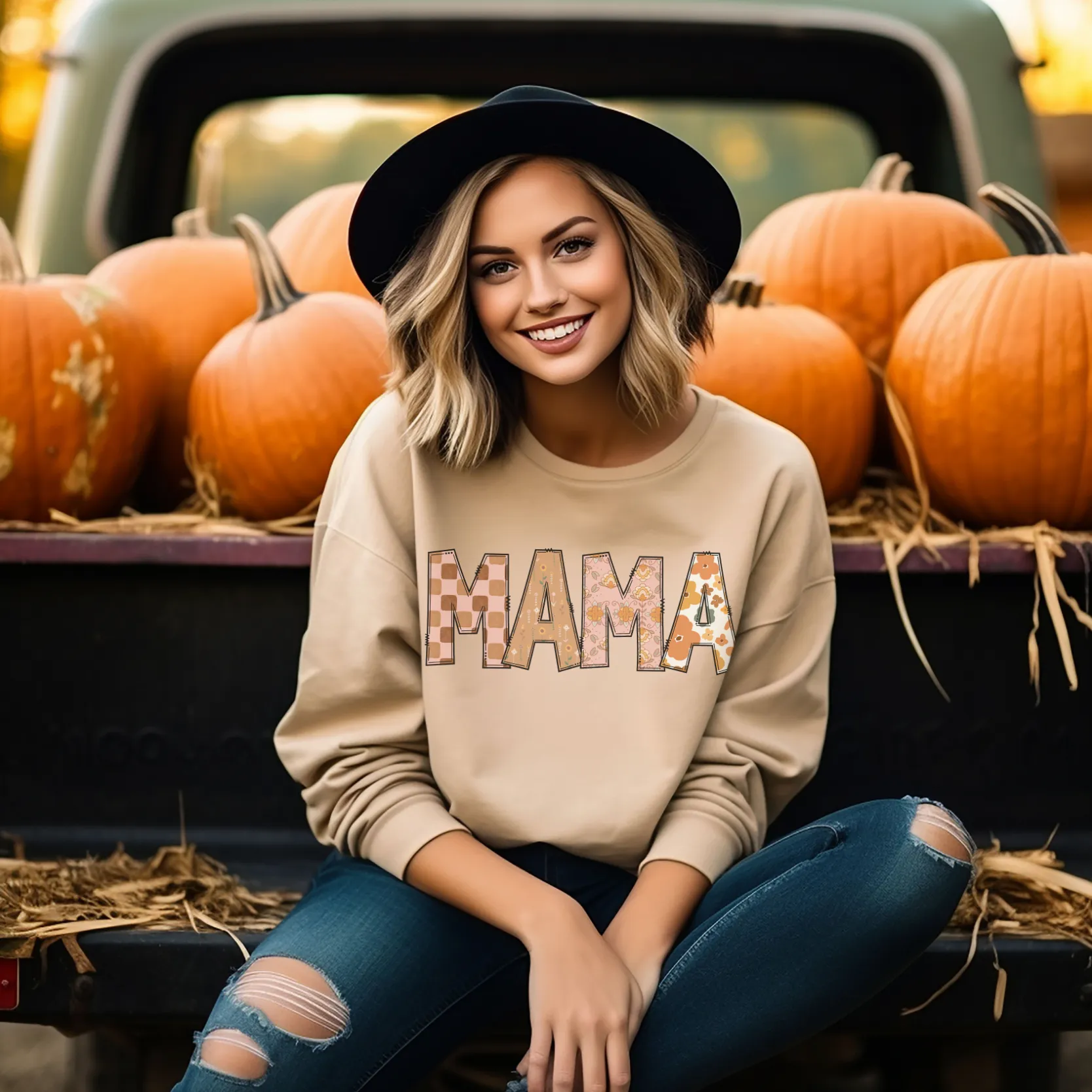 MAMA Boho Floral © Pocket Print Unisex Crewneck Sweatshirt
