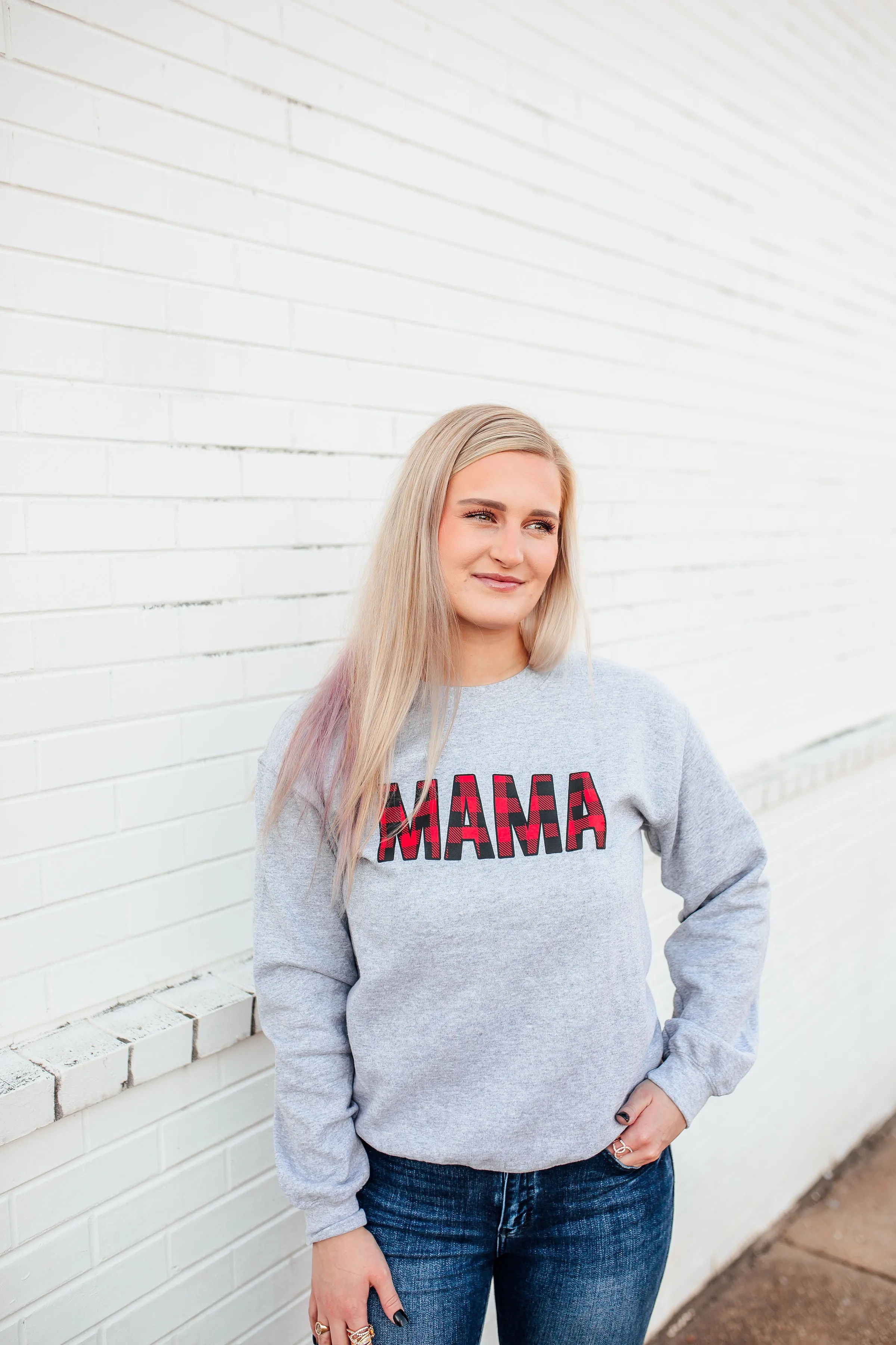 MAMA Buffalo Plaid © Unisex Crewneck Sweatshirt (Grey  Red/Black)