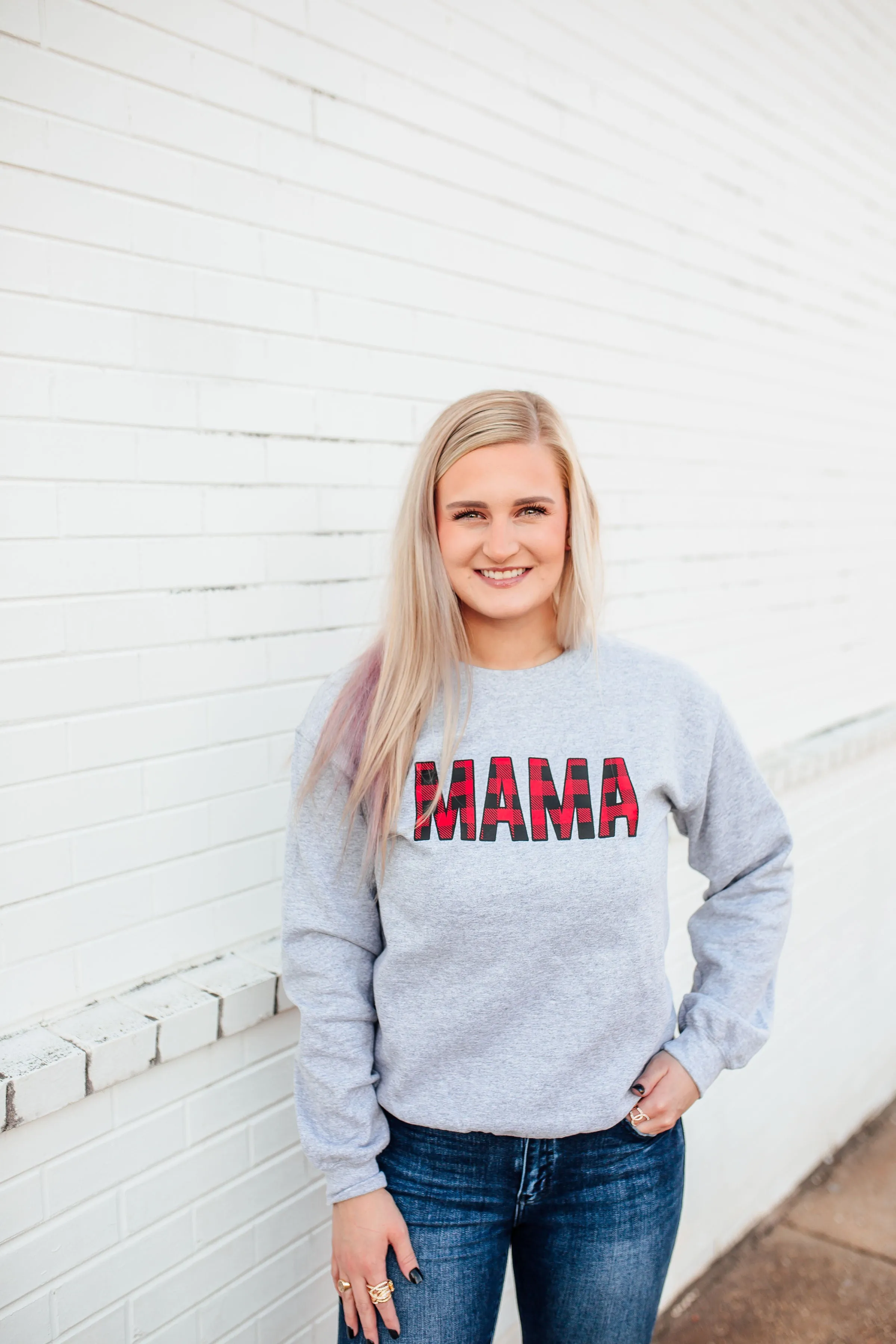 MAMA Buffalo Plaid © Unisex Crewneck Sweatshirt (Grey  Red/Black)