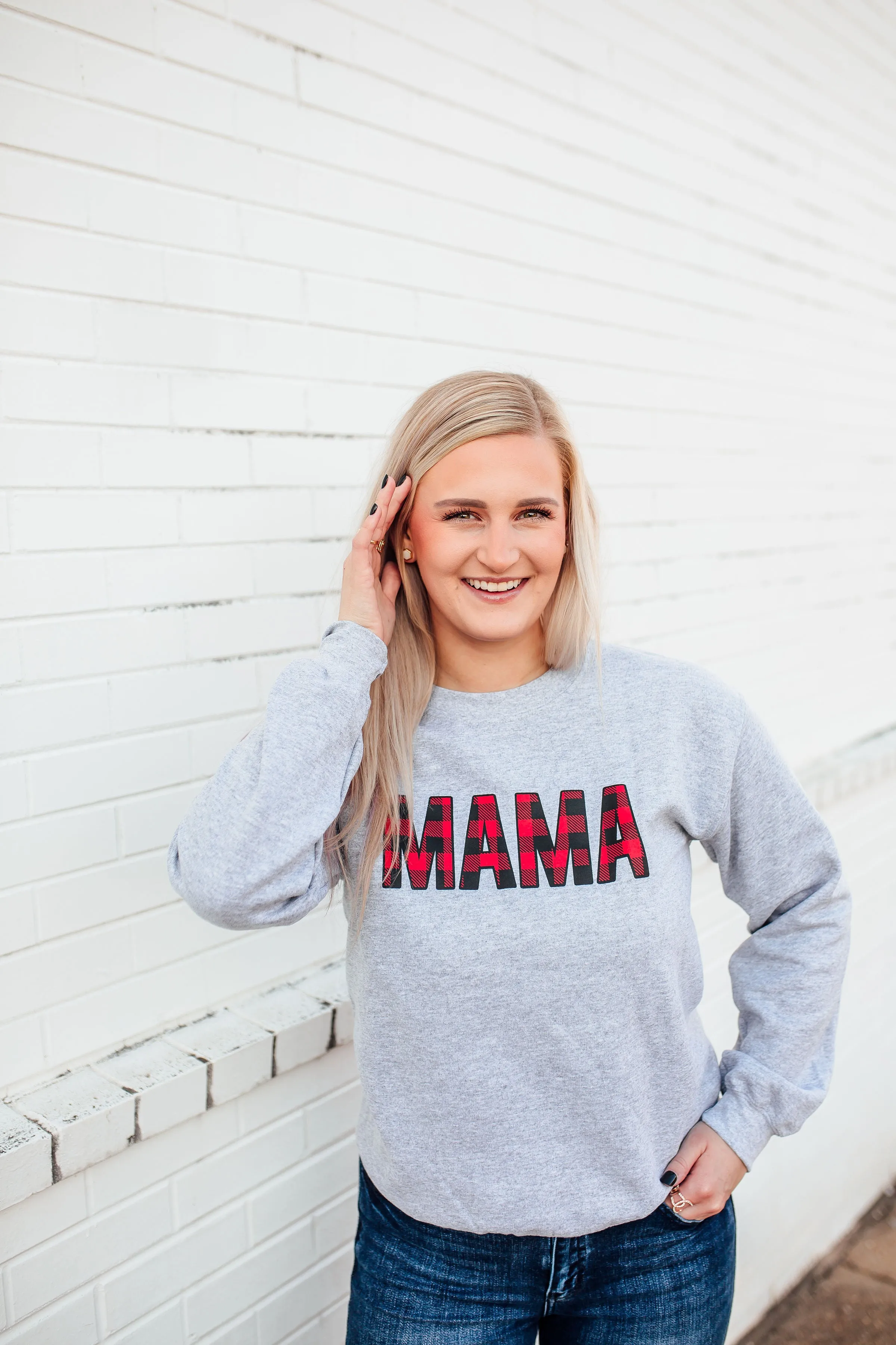 MAMA Buffalo Plaid © Unisex Crewneck Sweatshirt (Grey  Red/Black)