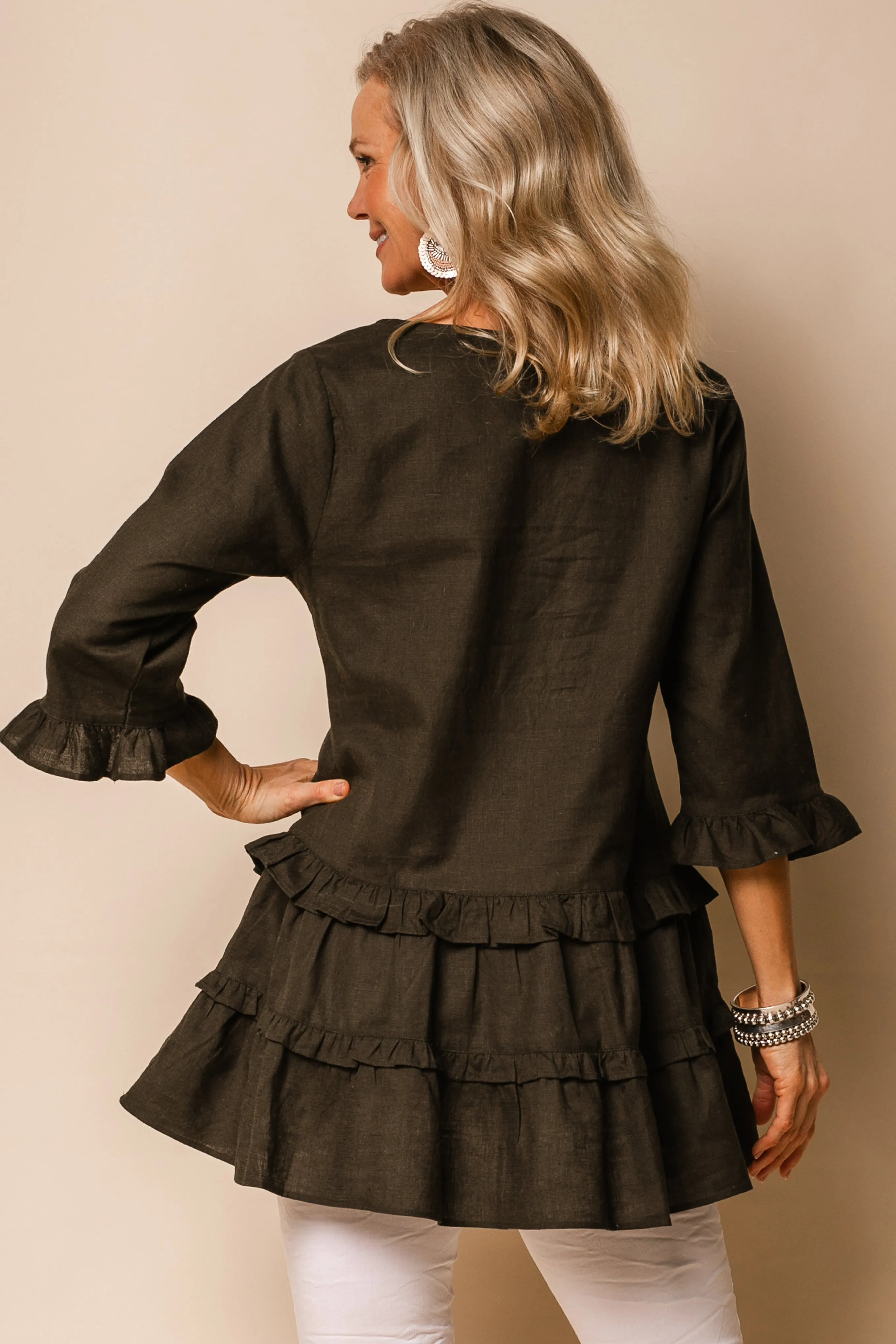 Mavis Linen Blend Top in Khaki