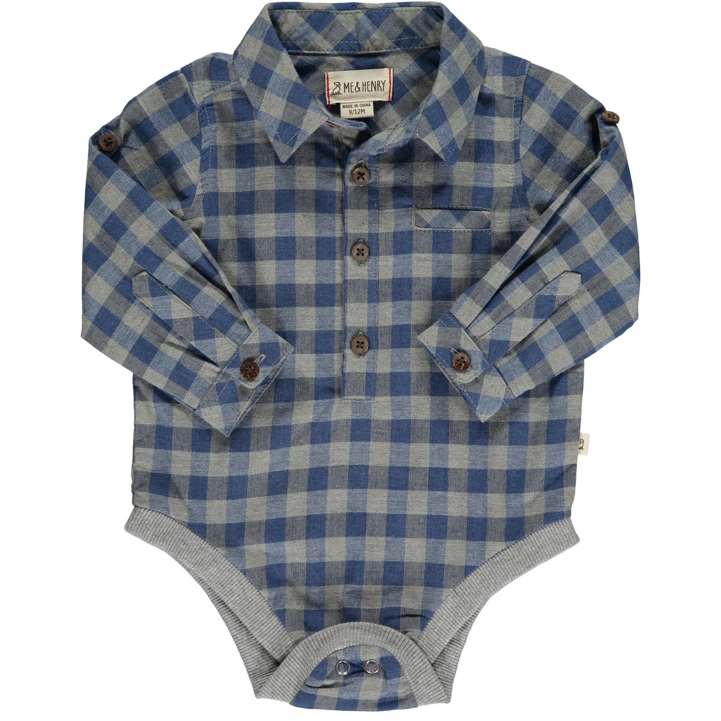 Me & Henry Grey/Blue Plaid Jasper Woven Onesie