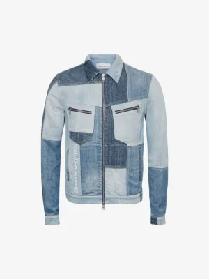 Men's Patchwork Denim Jacket in Washed Blue
