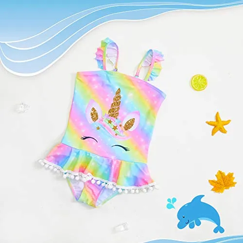 MHJY Girl's One Piece Unicorn Mermaid Ruffle Beachwear Swimsuits with Pompoms (Rainbow, 5-6 Years/Height: 43.3"-47.2")