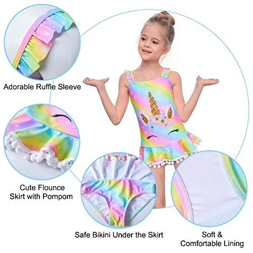 MHJY Girl's One Piece Unicorn Mermaid Ruffle Beachwear Swimsuits with Pompoms (Rainbow, 5-6 Years/Height: 43.3"-47.2")