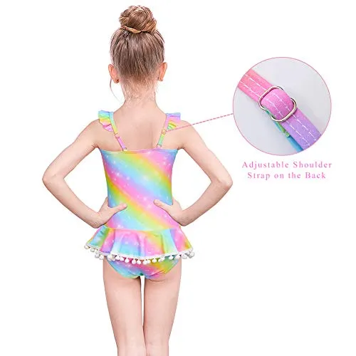 MHJY Girl's One Piece Unicorn Mermaid Ruffle Beachwear Swimsuits with Pompoms (Rainbow, 5-6 Years/Height: 43.3"-47.2")