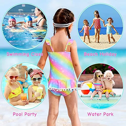 MHJY Girl's One Piece Unicorn Mermaid Ruffle Beachwear Swimsuits with Pompoms (Rainbow, 5-6 Years/Height: 43.3"-47.2")