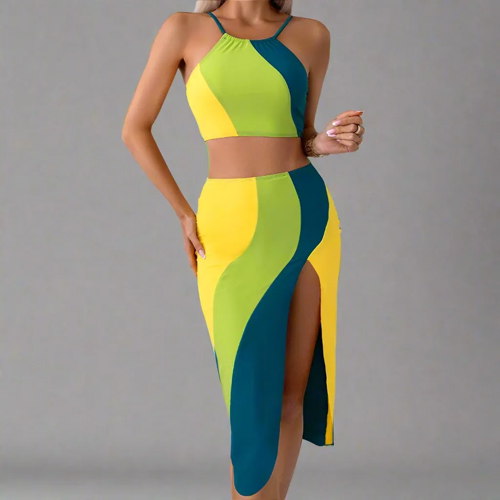 Mother & Daughter Vibrant Two-Piece Swimsuit Set with Flowing Skirt  Matching Family Swimwear Collection