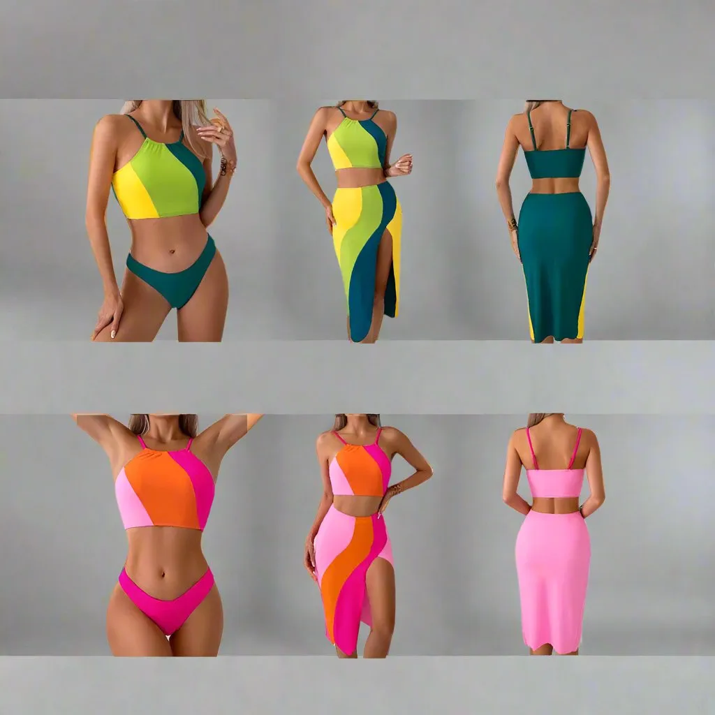 Mother & Daughter Vibrant Two-Piece Swimsuit Set with Flowing Skirt  Matching Family Swimwear Collection