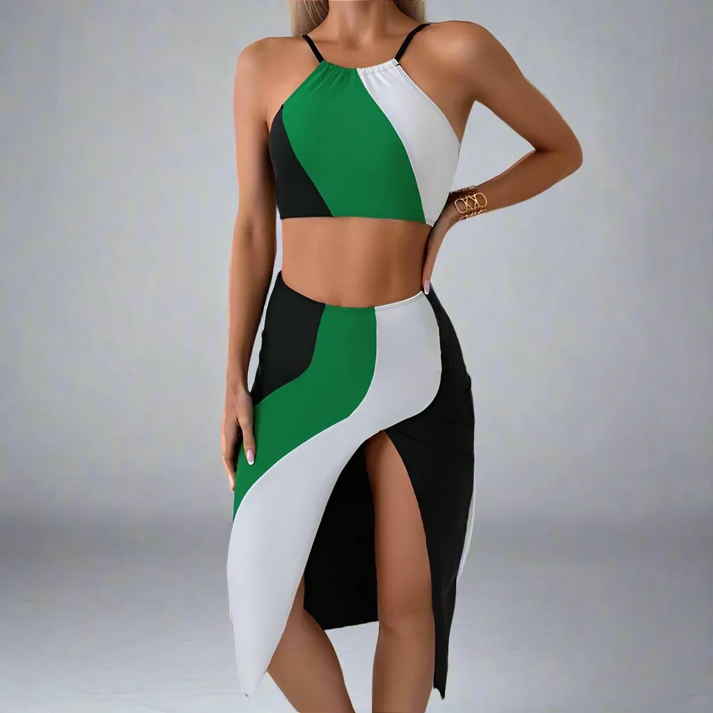 Mother & Daughter Vibrant Two-Piece Swimsuit Set with Flowing Skirt  Matching Family Swimwear Collection