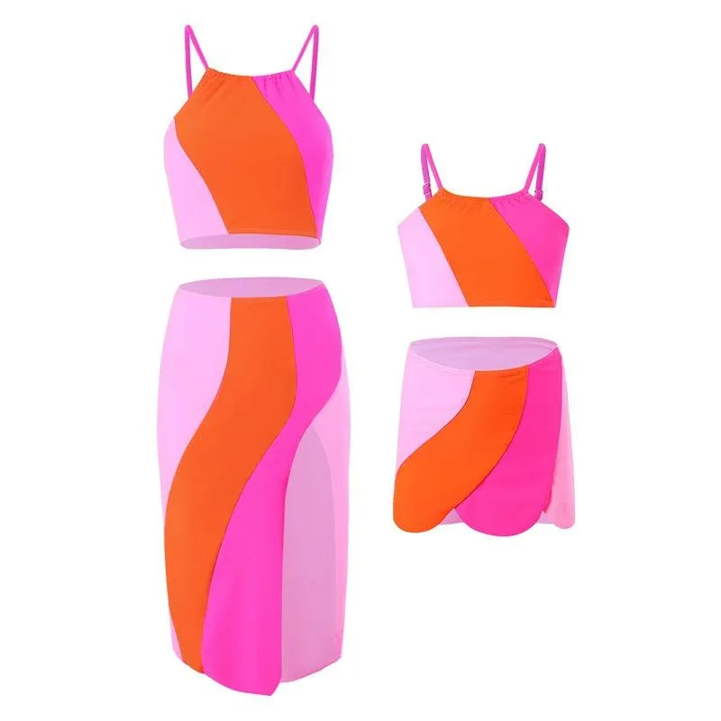 Mother & Daughter Vibrant Two-Piece Swimsuit Set with Flowing Skirt  Matching Family Swimwear Collection