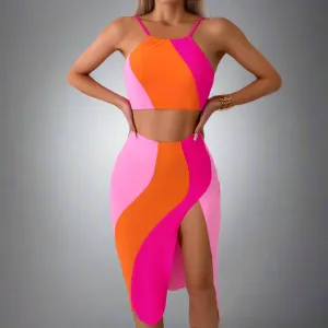 Mother & Daughter Vibrant Two-Piece Swimsuit Set with Flowing Skirt  Matching Family Swimwear Collection