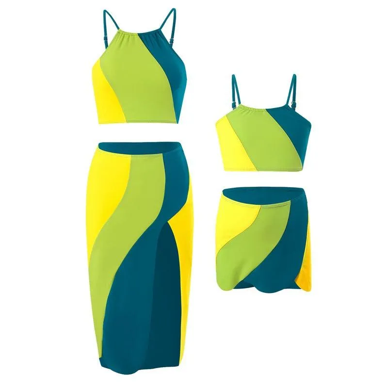 Mother & Daughter Vibrant Two-Piece Swimsuit Set with Flowing Skirt  Matching Family Swimwear Collection