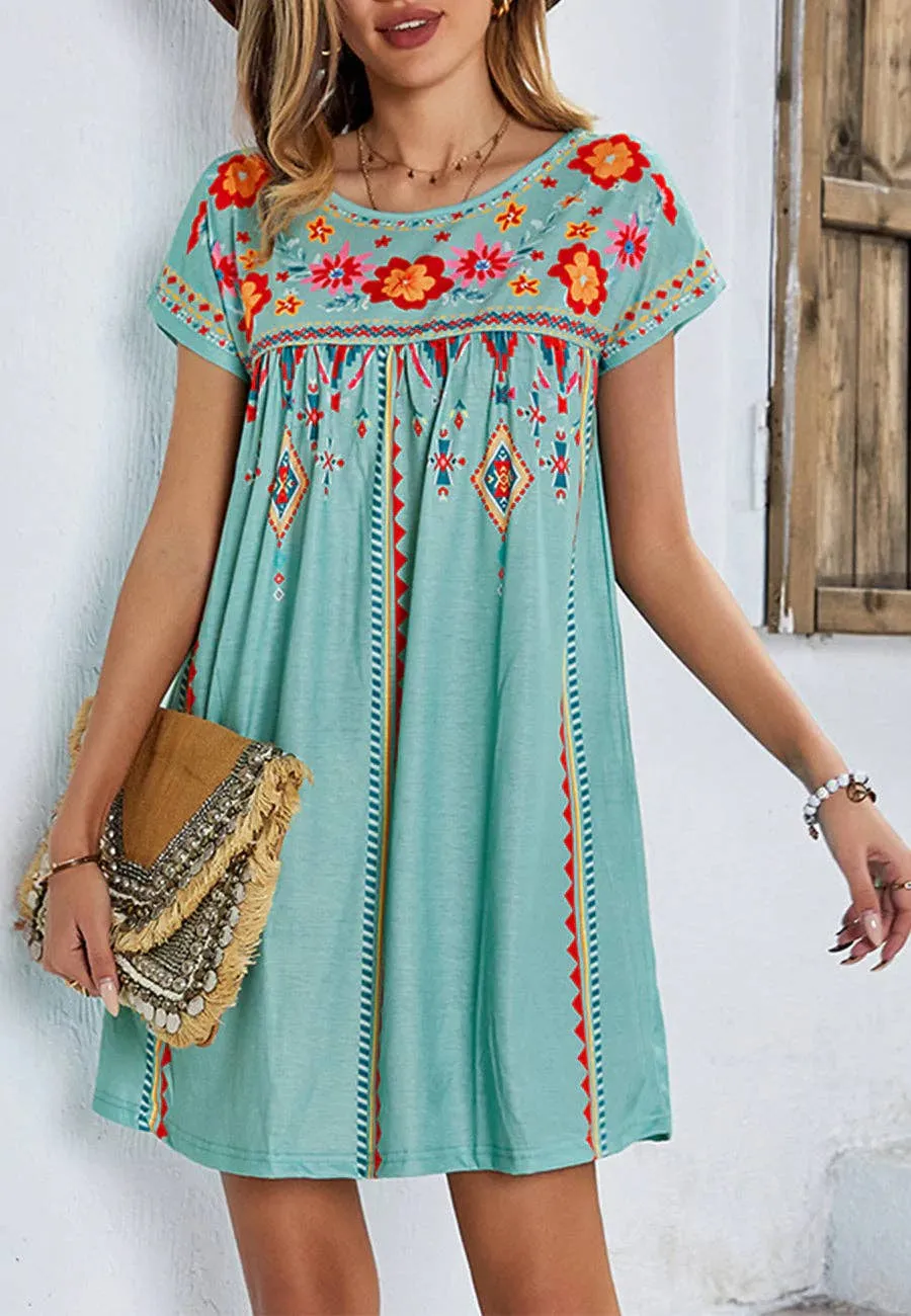 Multicolor Floral Boho Print Dress - Green